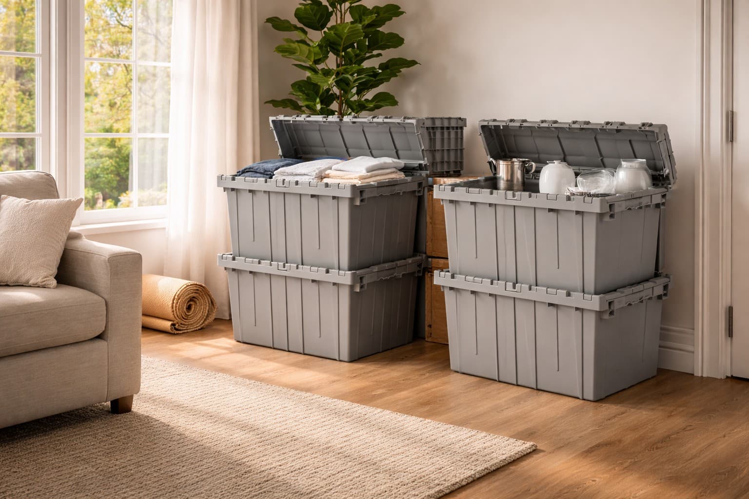 Moving totes stacked in a bright living room during a move